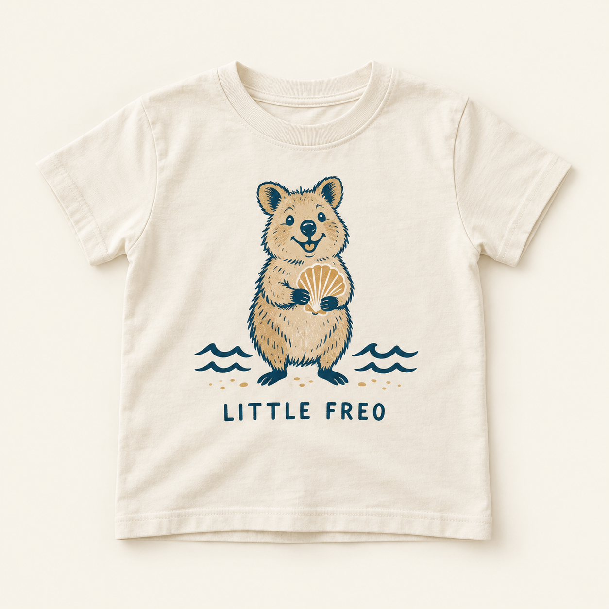 Cream Little Freo Quokka Tee with quokka holding a seashell above navy waves