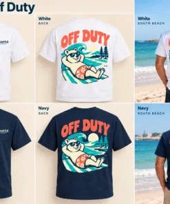 Quokka Off Duty Men’s Tee concept mockups in White and Navy, showing the front logo, back artwork and models on a Fremantle beach