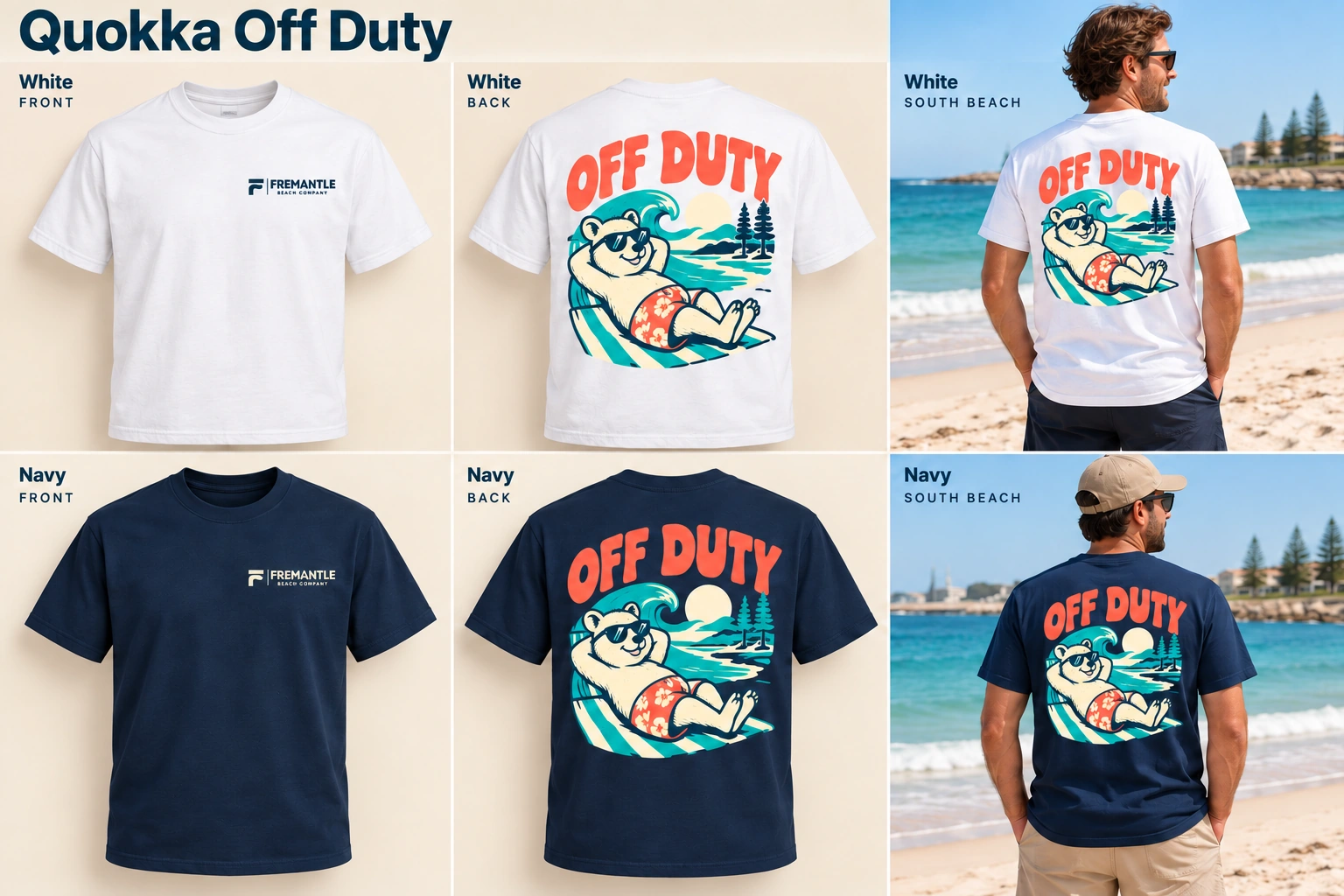 Quokka Off Duty Men’s Tee concept mockups in White and Navy, showing the front logo, back artwork and models on a Fremantle beach