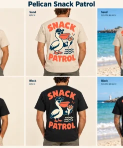 Pelican Snack Patrol Men's Tee concept mockups in Sand and Black, showing the front logo, back artwork and models on a Fremantle beach