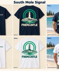 South Mole Signal Men's Tee concept mockups in Navy and White, showing the front logo, back artwork and models on a Fremantle beach