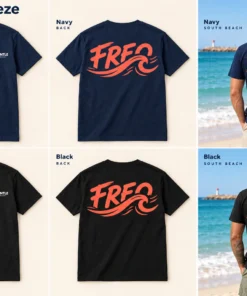 Freo Sea Breeze Men's Tee concept mockups in Navy and Black, showing the front logo, back artwork and models on a Fremantle beach
