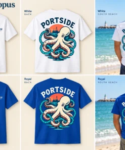 Portside Octopus Men's Tee concept mockups in White and Royal, showing the front logo, back artwork and models on a Fremantle beach
