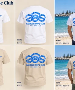 Harbour Rope Club Men's Tee concept mockups in White and Sand, showing the front logo, back artwork and models on a Fremantle beach