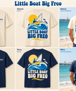 Little Boat Big Freo Men's Tee concept mockups in Natural and Navy, showing the front logo, back artwork and models on a Fremantle beach