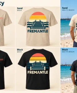 Sunset Jetty Men's Tee concept mockups in Sand and Black, showing the front logo, back artwork and models on a Fremantle beach