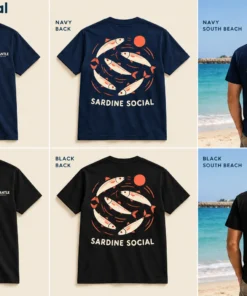Sardine Social Men's Tee concept mockups in Navy and Black, showing the front logo, back artwork and models on a Fremantle beach