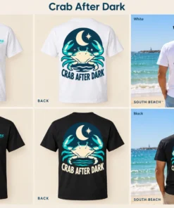 Crab After Dark Men's Tee concept mockups in White and Black, showing the front logo, back artwork and models on a Fremantle beach