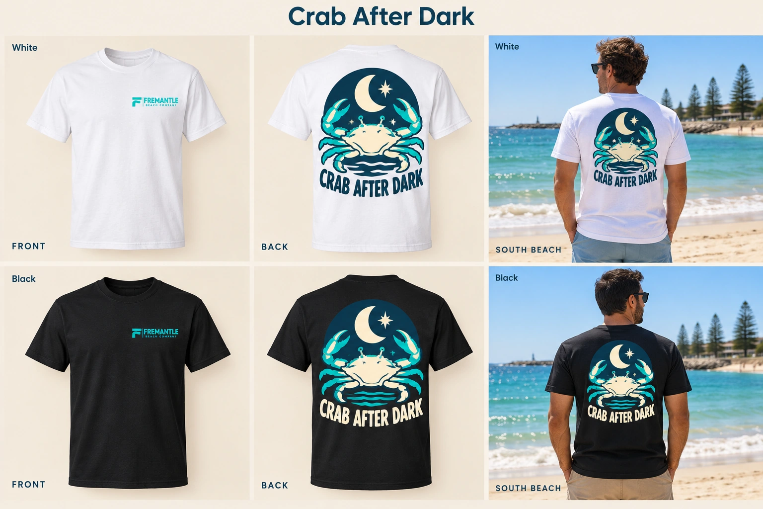 Crab After Dark Men's Tee concept mockups in White and Black, showing the front logo, back artwork and models on a Fremantle beach