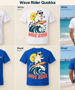 Wave Rider Quokka Men's Tee concept mockups in White and Royal, showing the front logo, back artwork and models on a Fremantle beach