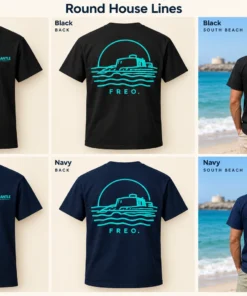 Round House Lines Men's Tee concept mockups in Black and Navy, showing the front logo, back artwork and models on a Fremantle beach