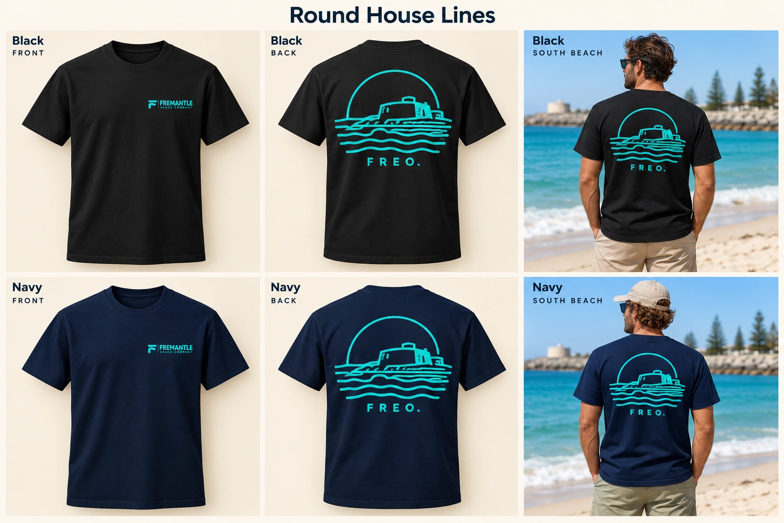 Round House Lines Men's Tee concept mockups in Black and Navy, showing the front logo, back artwork and models on a Fremantle beach