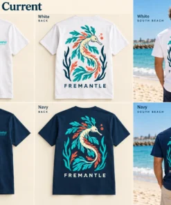 Sea Dragon Current Men's Tee concept mockups in White and Navy, showing the front logo, back artwork and models on a Fremantle beach