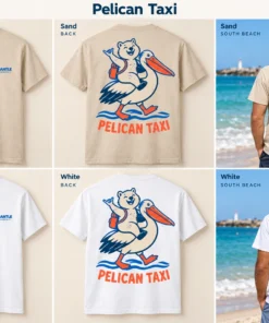 Pelican Taxi Men's Tee concept mockups in Sand and White, showing the front logo, back artwork and models on a Fremantle beach