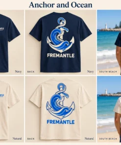 Anchor and Ocean Men's Tee concept mockups in Navy and Natural, showing the front logo, back artwork and models on a Fremantle beach