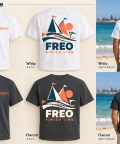 Freo Finish Line Men's Tee concept mockups in White and Charcoal, showing the front logo, back artwork and models on a Fremantle beach