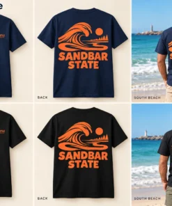 Sandbar State Men's Tee concept mockups in Navy and Black, showing the front logo, back artwork and models on a Fremantle beach