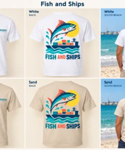 Fish and Ships Men's Tee concept mockups in White and Sand, showing the front logo, back artwork and models on a Fremantle beach