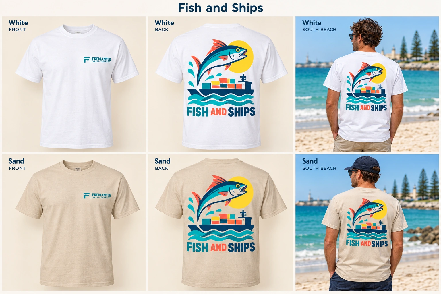 Fish and Ships Men's Tee concept mockups in White and Sand, showing the front logo, back artwork and models on a Fremantle beach