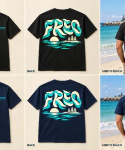 Wavy Freo Men's Tee concept mockups in Black and Navy, showing the front logo, back artwork and models on a Fremantle beach