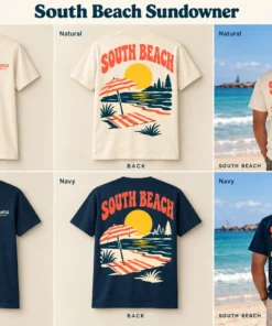 South Beach Sundowner Men's Tee concept mockups in Natural and Navy, showing the front logo, back artwork and models on a Fremantle beach