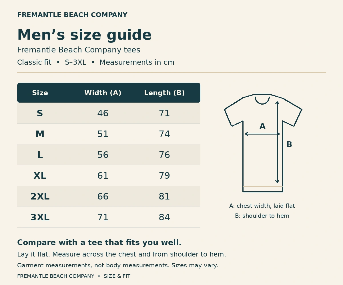Men / unisex tees size chart: garment width and length in centimetres