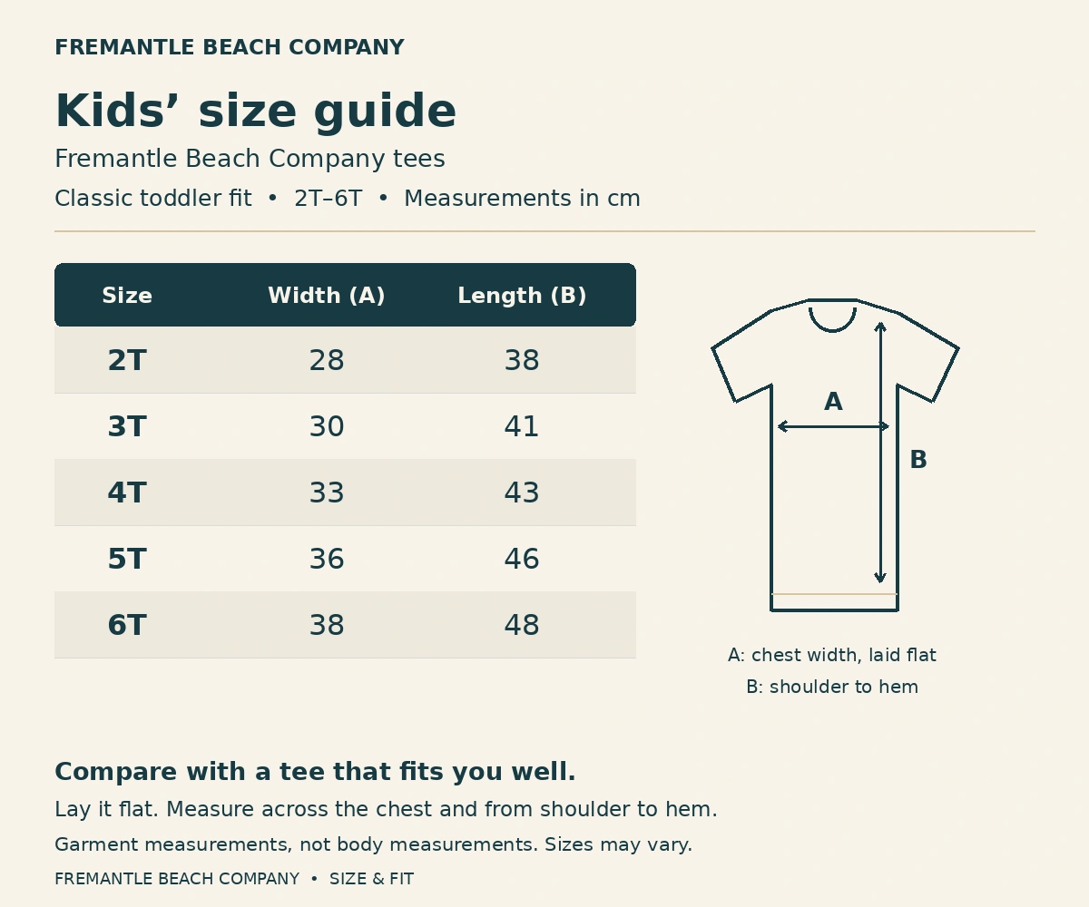 Kids’ tees size chart: garment width and length in centimetres