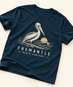 Navy Harbour Pelican Tee angled flat lay with cream pelican, waves and sunset artwork