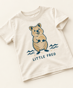 Cream Little Freo Quokka Tee angled flat lay with quokka holding a seashell above navy waves