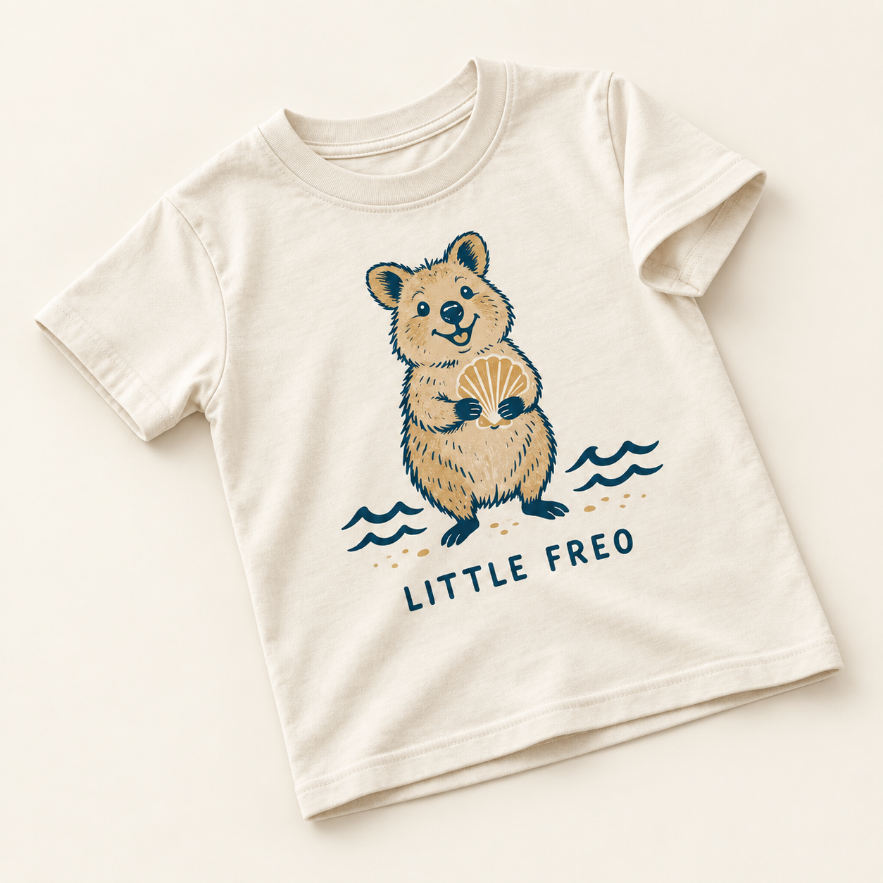 Cream Little Freo Quokka Tee angled flat lay with quokka holding a seashell above navy waves